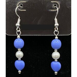 Handmade Blue Glass Heart Faux Pearl & Blue Glass Bead Earrings by Neanie-Bot